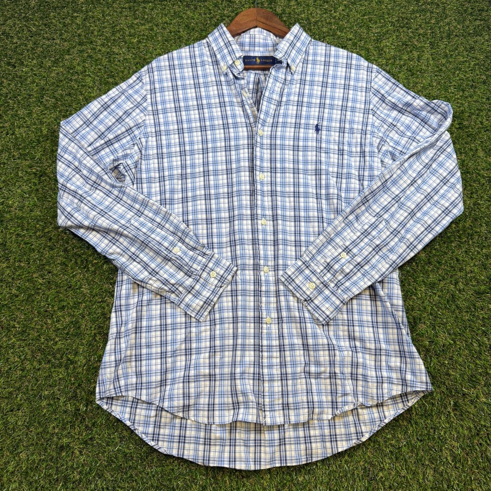 Ralph Lauren Mens Classic Fit Plaid Button Down Shirt Blue White Large 16.5